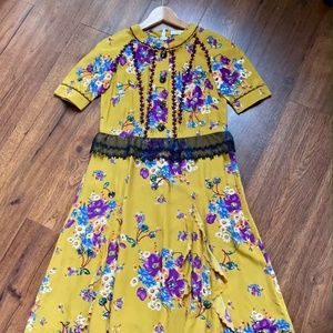 Coach Long Dress Yellow Floral Midi Embroidered Short Sleeve 2 XS NWOT